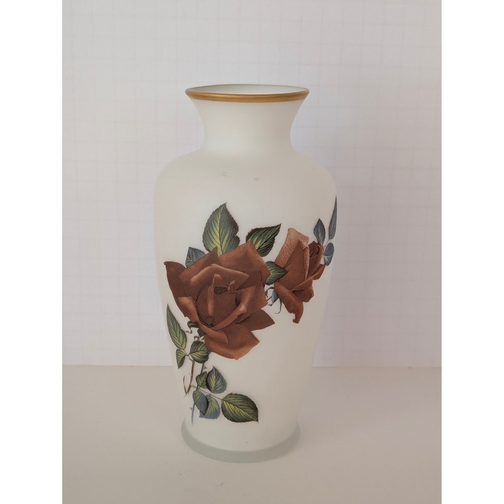 Vintage‎ Napcoware Frosted Satin Glass Vase Red Rose Floral Gold Rim Japan